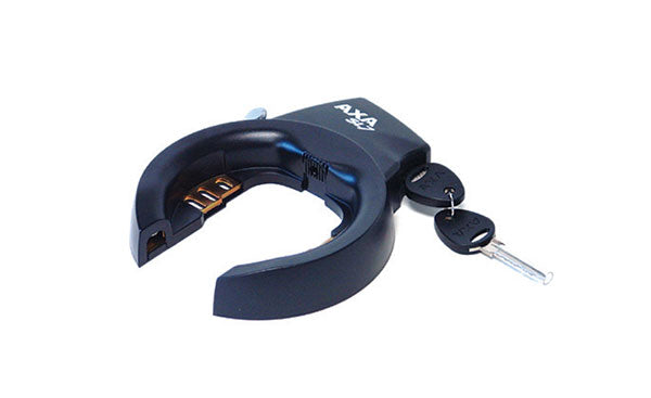 An AXA bicycle wheel lock in black with its keys attached.