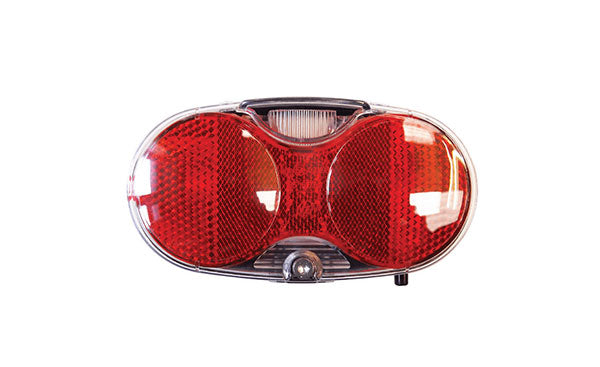 Front view of a twin LED rear pannier bicycle light with a red lens.