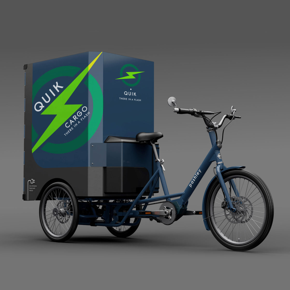 Blue electric cargo trike with quik cargo branding printed on the cargo box.