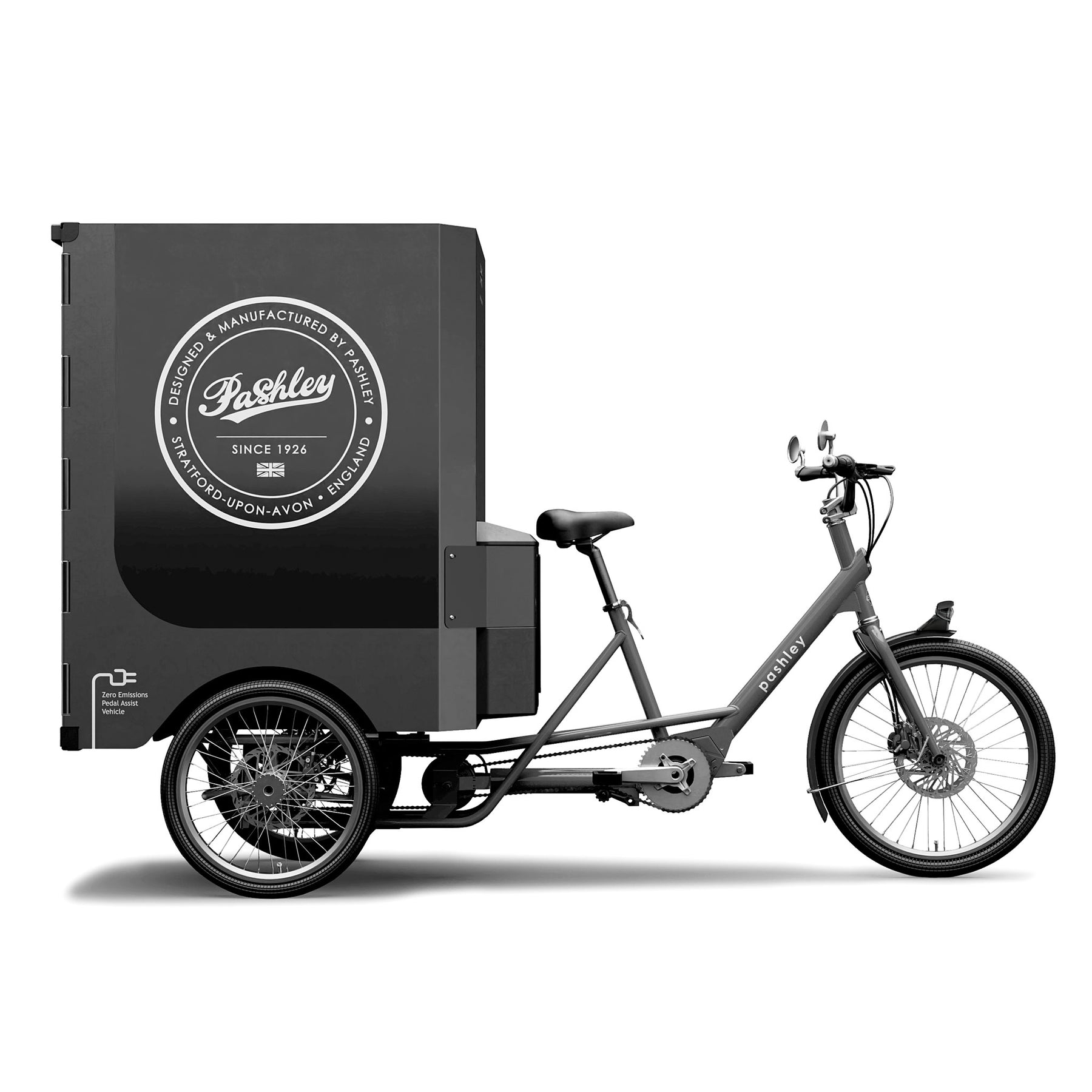 Side view of electric cargo trike with large branded cargo box on the rear.