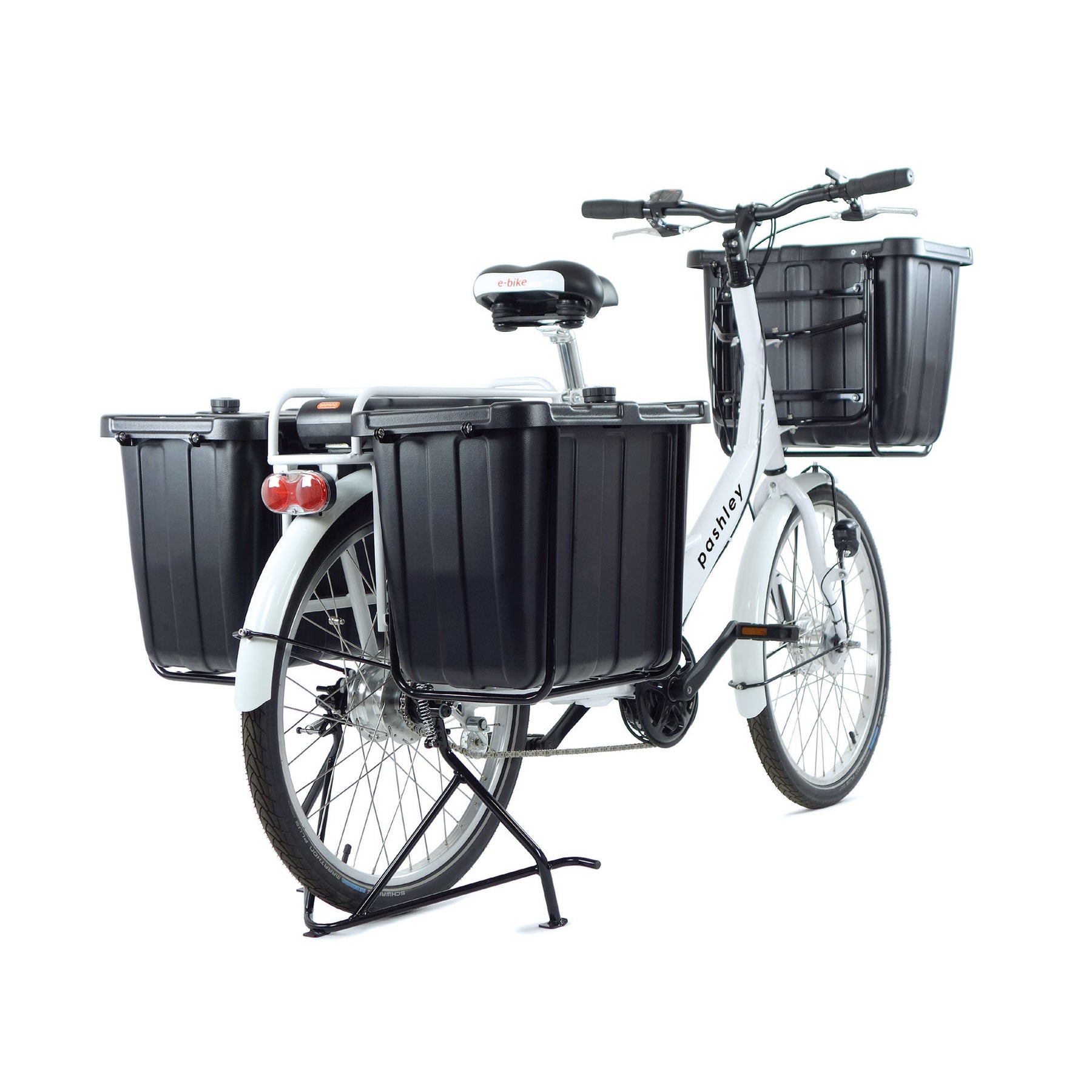 Pashley electric carg obike with large front and rear cargo boxes and tripod propstand. - rear view showing rear light.