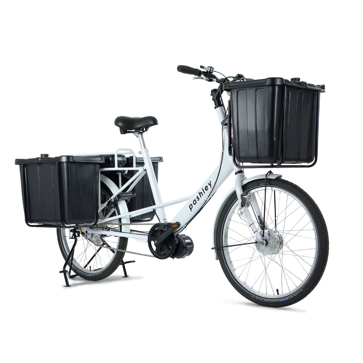 Pashley electric carg obike with large front and rear cargo boxes and tripod propstand. - front angle