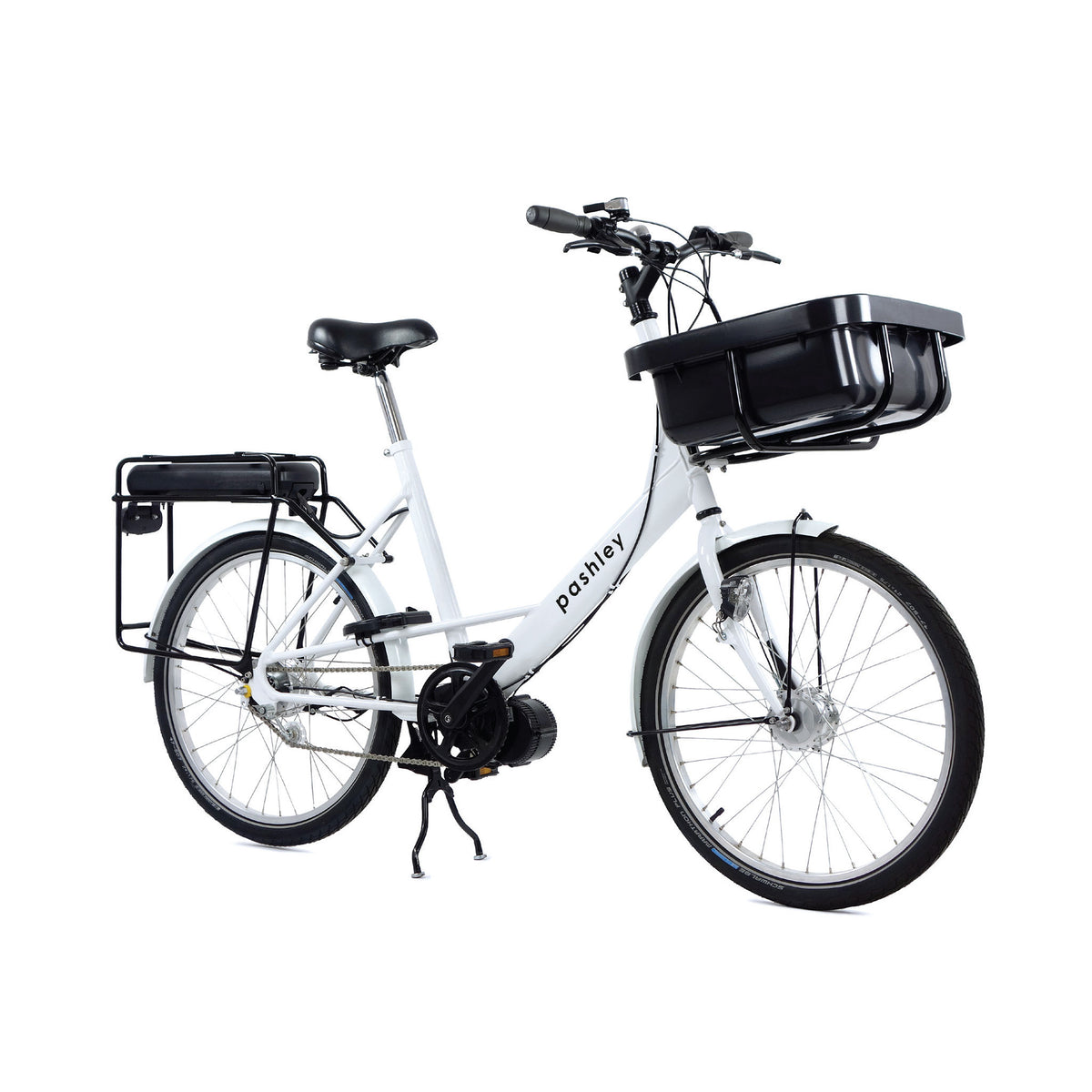 Front angle view of an electric cargo bike in white with front carry tray and rear rack.
