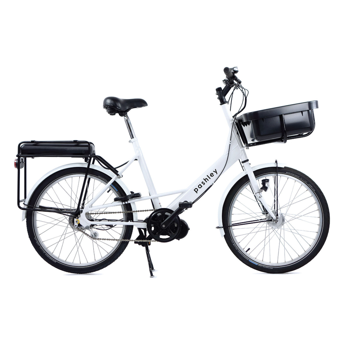 Side view of an electric cargo bike in white with front carry tray and rear rack.