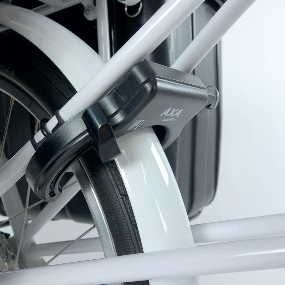 Close-up of a frame axa mounted rear wheel lock.