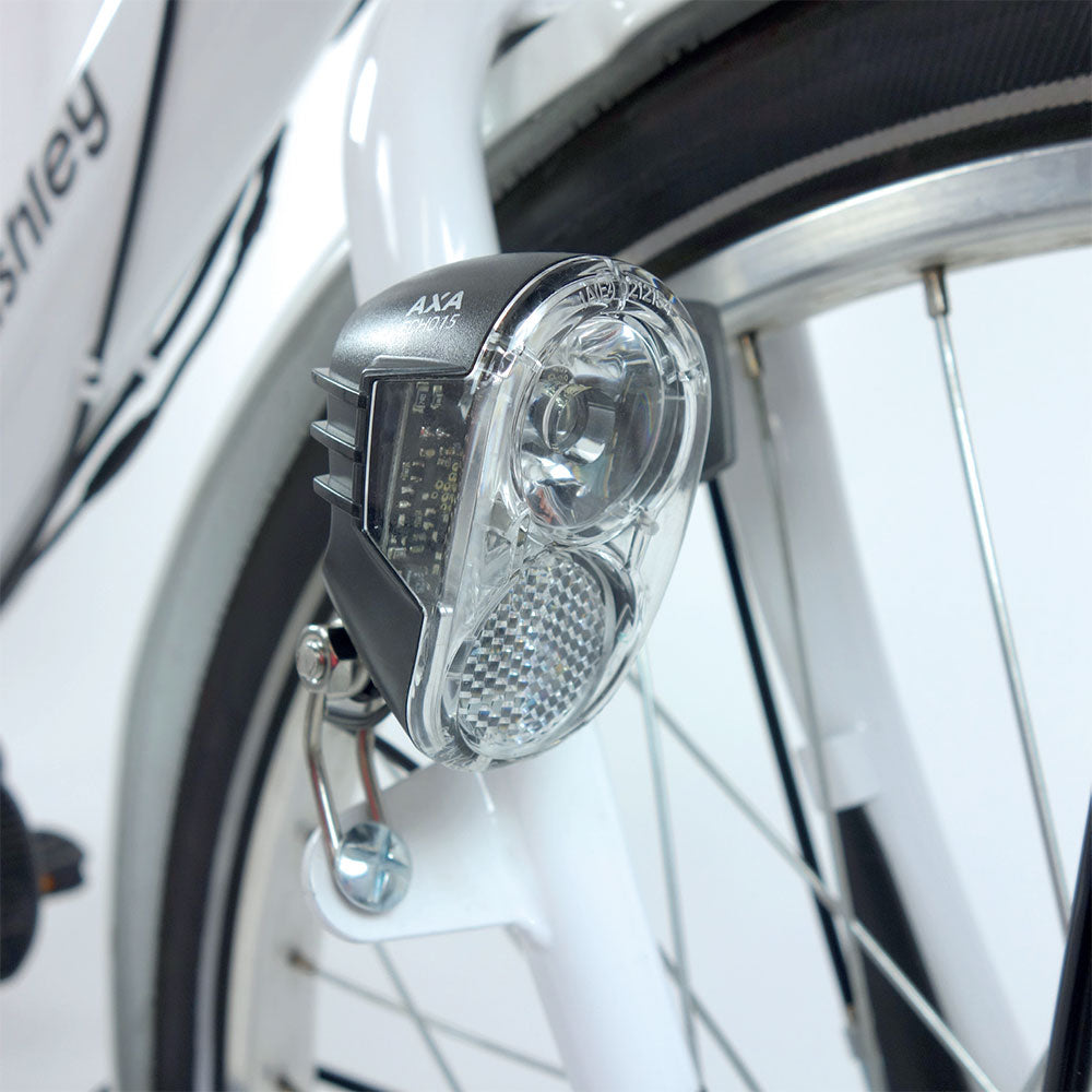 Close-up of a LED front dynamo bike lamp.